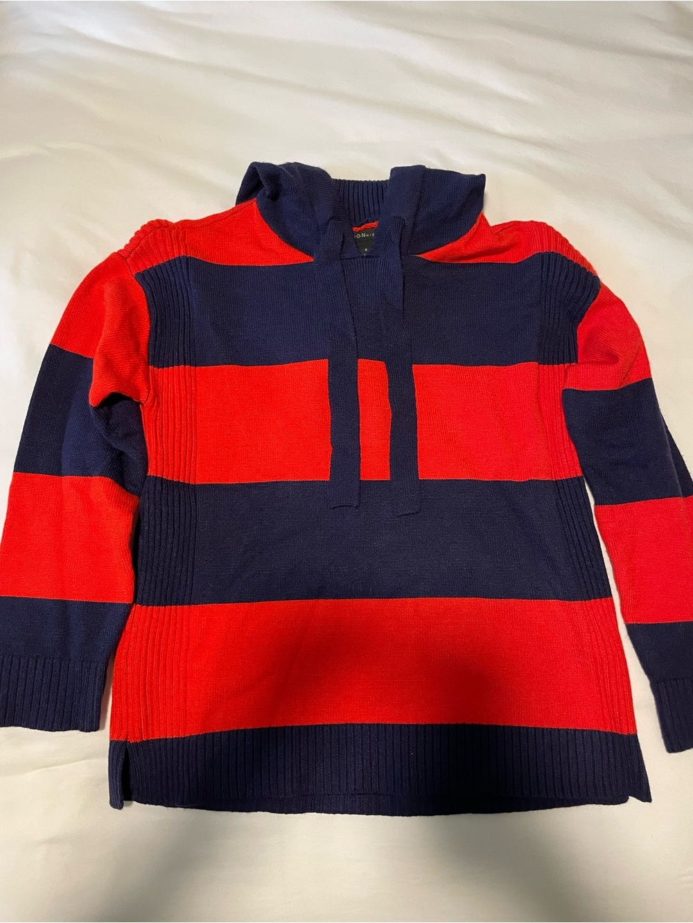 Woman’s Red & Navy Striped Hooded Sweater this with nice stretch fabric